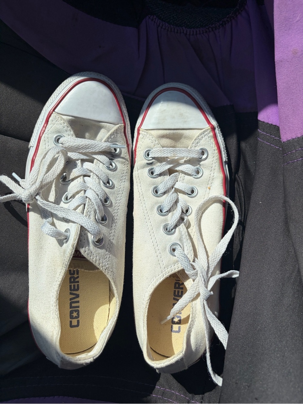 Converse Low Top Canvas Sneakers in White with Red Trim